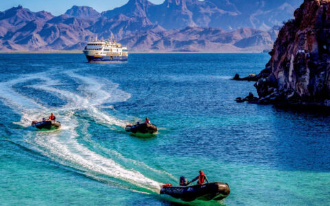 3 black inflatable Zodiac boats cruise away from Nat Geo Venture ship through turquoise waters near rocky coastline in Baja.