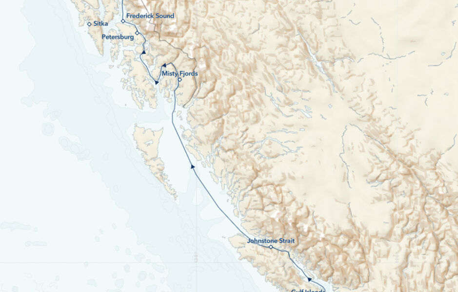 Map of 13-Day northbound path of travel for the small expedition cruise "Treasures of the Inside Passage: Alaska & British Columbia"