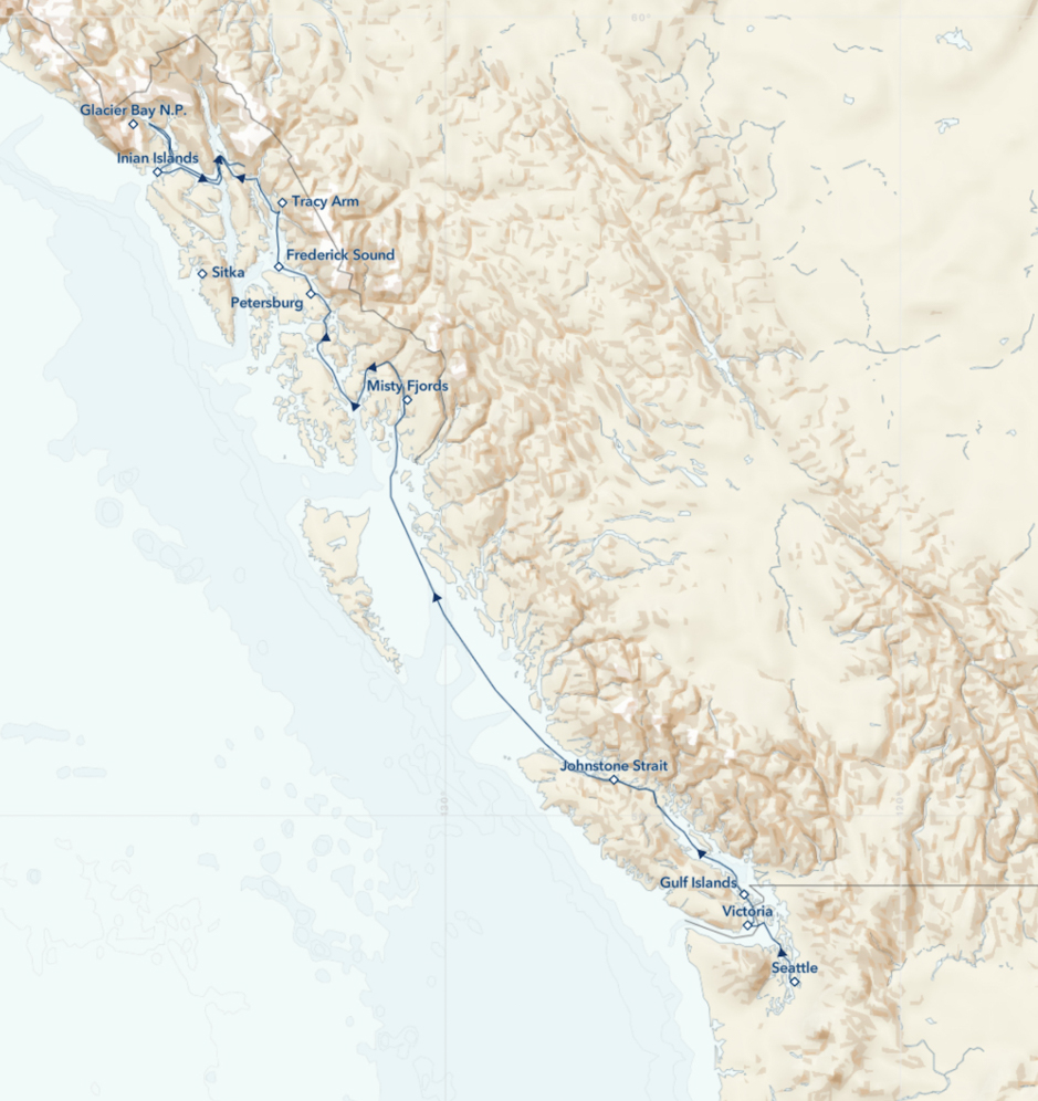 Map of 13-Day northbound path of travel for the small expedition cruise "Treasures of the Inside Passage: Alaska & British Columbia"