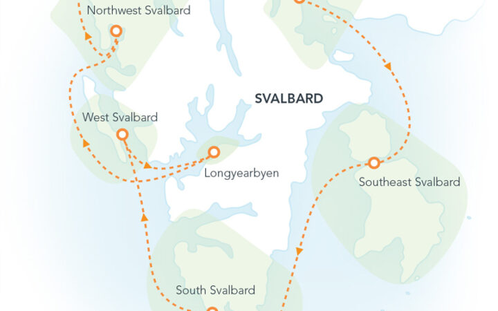 Route map of Svalbard Circumnavigation: Ultimate Arctic Quest round-trip from Longyearbyen with visits clockwise around the island.