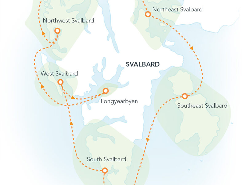 Route map of Svalbard Circumnavigation: Ultimate Arctic Quest round-trip from Longyearbyen with visits clockwise around the island.