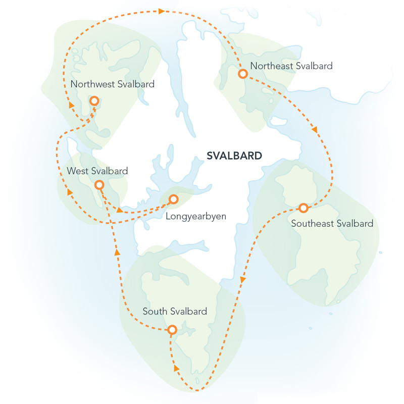 Route map of Svalbard Circumnavigation: Ultimate Arctic Quest round-trip from Longyearbyen with visits clockwise around the island.