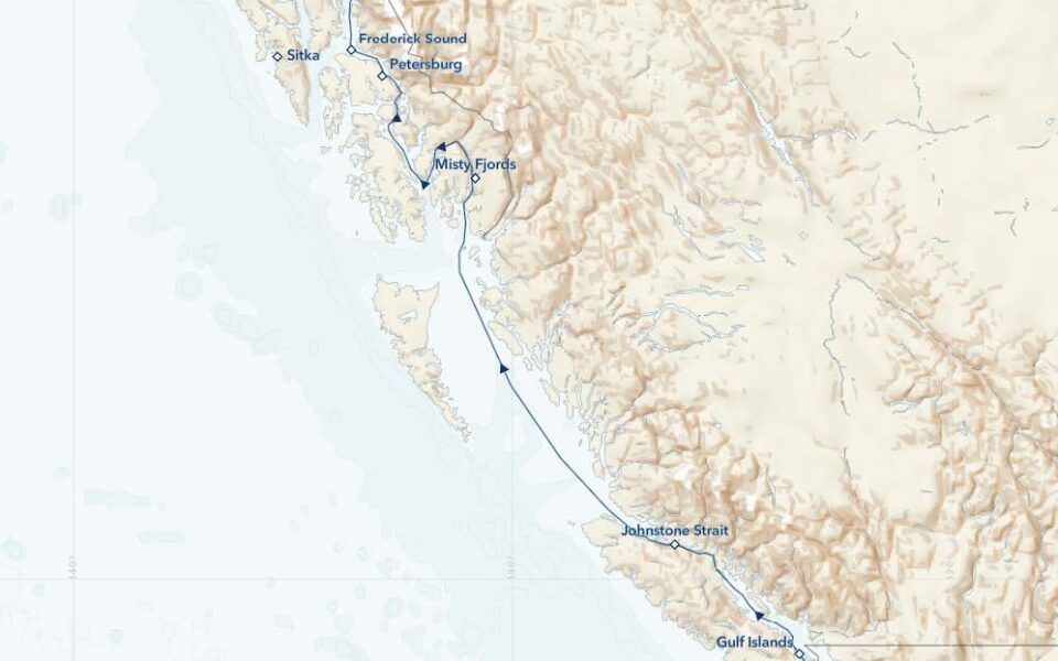 Map of northbound path of travel for the small cruise "Treasures of the Inside Passage: Alaska & British Columbia" featuring the coast of Alaska