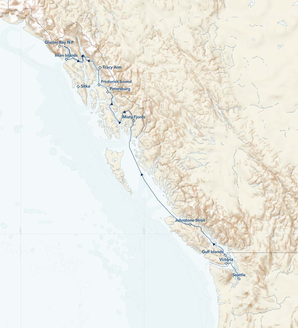 Map of northbound path of travel for the small cruise "Treasures of the Inside Passage: Alaska & British Columbia" featuring the coast of Alaska