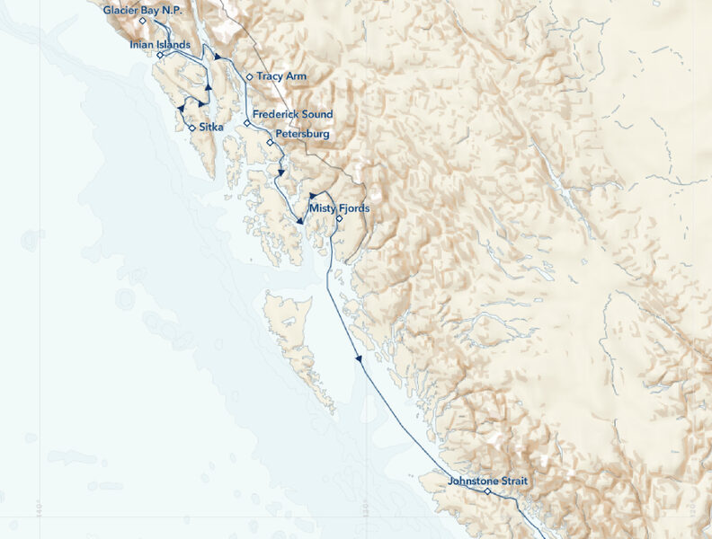 Map of southbound path of travel for the small cruise "Treasures of the Inside Passage: Alaska & British Columbia" featuring the coast of Alaska