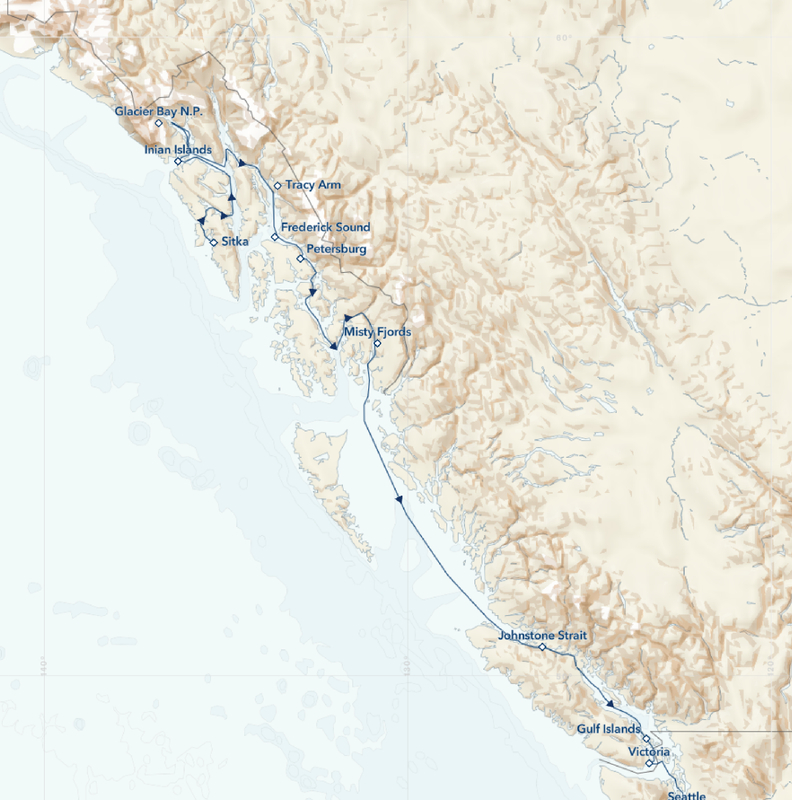 Map of southbound path of travel for the small cruise "Treasures of the Inside Passage: Alaska & British Columbia" featuring the coast of Alaska