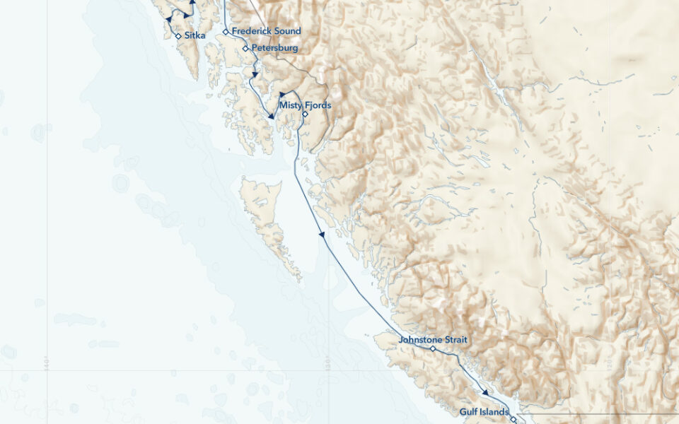 Route map of Southbound Treasures of the Inside Passage: Alaska & British Columbia cruise from Sitka, Alaska to Seattle, Washington.