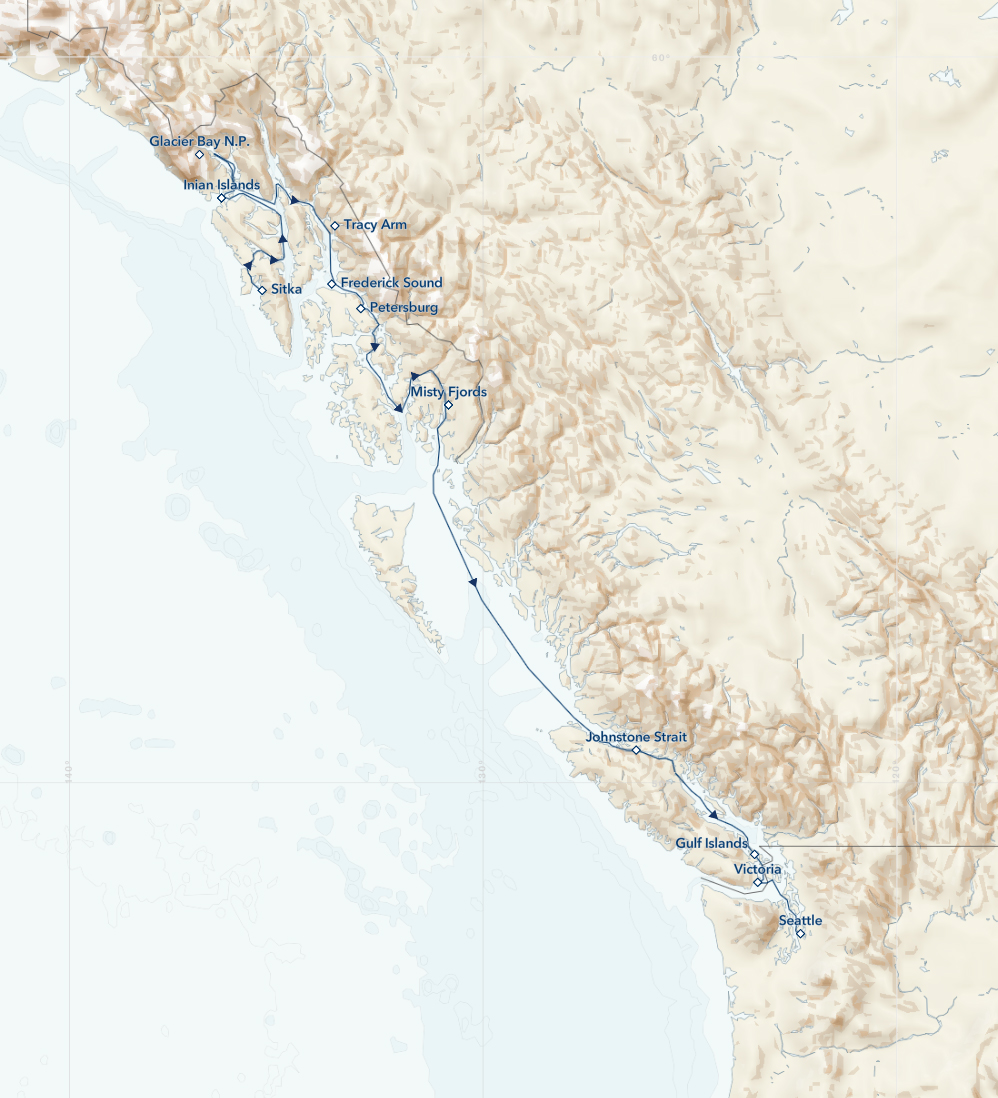 Route map of Southbound Treasures of the Inside Passage: Alaska & British Columbia cruise from Sitka, Alaska to Seattle, Washington.