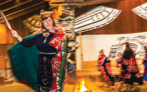 The Kwakwaka'wakw people in full dance regalia in Alert Bay, Cormorant Island, British Columbia, Canada.