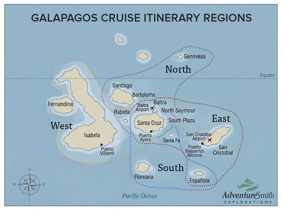 A map in blue and tan colors showing the Galapagos Islands cruise itinerary regions with dotted lines for common sailing paths