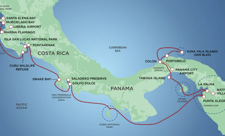 Route map of Costa Rica & Panama Coastal Expedition cruise between Liberia, Costa Rica & Panama City, Panama.