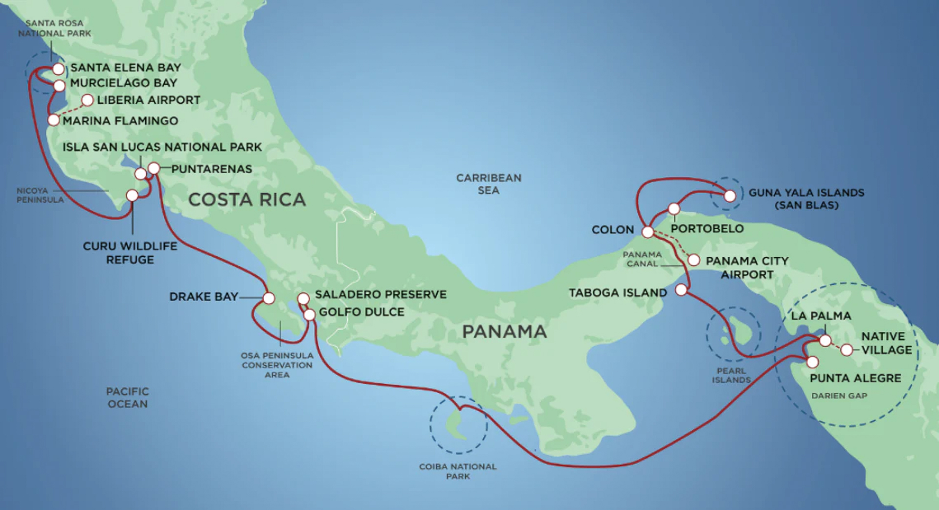 Costa Rica & Panama Coastal Expedition Cruise Itinerary  route map