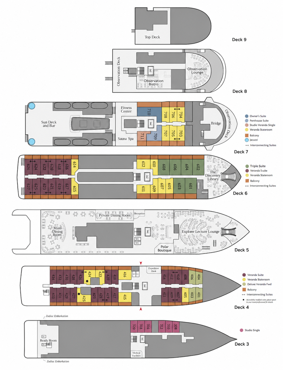 Deck plan of Ocean Explorer with 6 passenger decks, 8 cabin categories, various social areas & capacity for 138 guests.