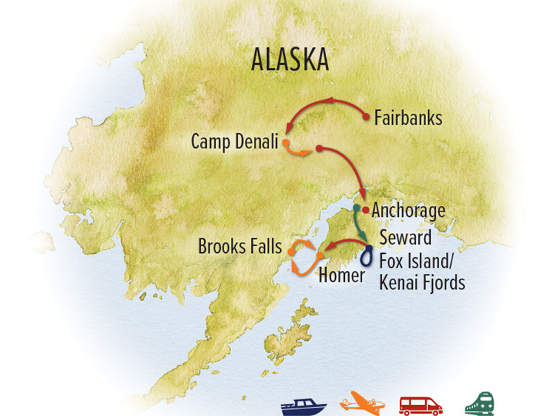 Route map of July/September Ultimate Alaska Photo Expedition Itinerary, from Fairbanks to Homer, Alaska, via Camp Denali, Anchorage, Seward, Kenai Fjords & Brooks Falls.