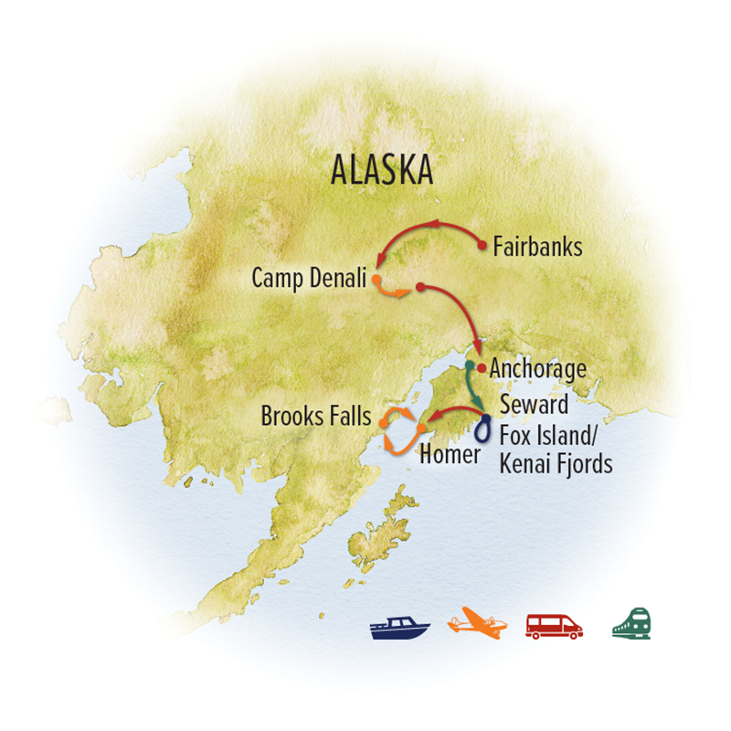 Route map of July/September Ultimate Alaska Photo Expedition Itinerary, from Fairbanks to Homer, Alaska, via Camp Denali, Anchorage, Seward, Kenai Fjords & Brooks Falls.