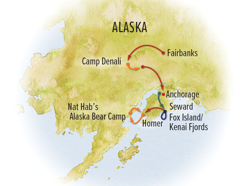 Route map of June Ultimate Alaska Photo Expedition Itinerary, from Fairbanks to Homer, Alaska, via Camp Denali, Anchorage, Seward, Kenai Fjords & Bear Camp Alaska.