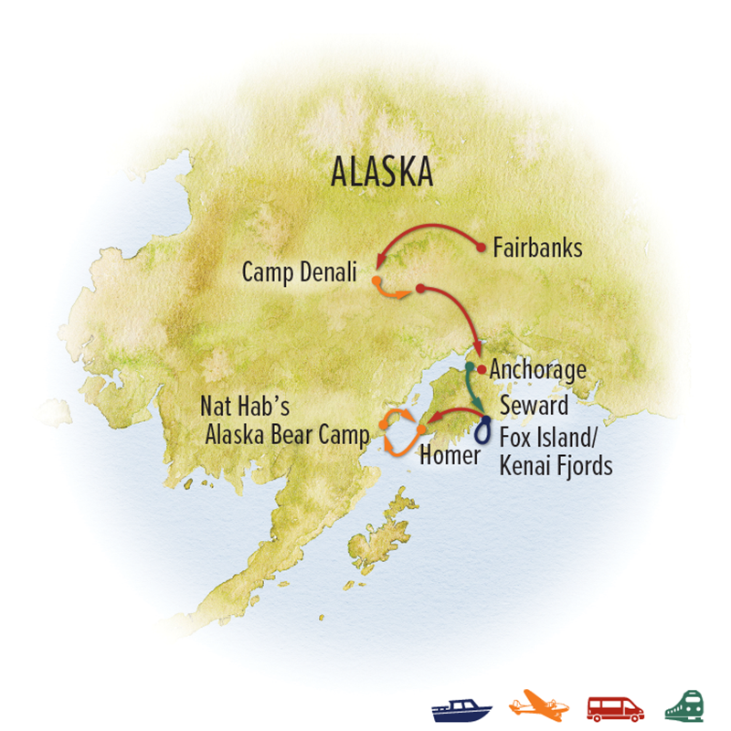 Route map of June Ultimate Alaska Photo Expedition Itinerary, from Fairbanks to Homer, Alaska, via Camp Denali, Anchorage, Seward, Kenai Fjords & Bear Camp Alaska.