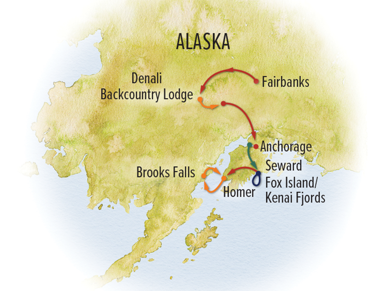 Route map of July & August Ultimate Alaska Wildlife Safari Itinerary, from Fairbanks to Homer, Alaska, via Denali Backcountry Lodge, Anchorage, Seward, Kenai Fjords & Brooks Falls.