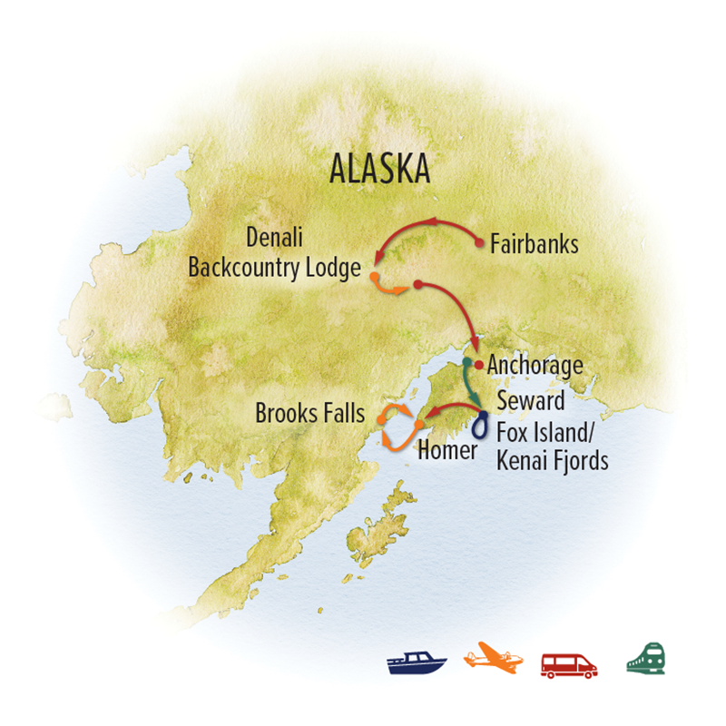 Route map of July & August Ultimate Alaska Wildlife Safari Itinerary, from Fairbanks to Homer, Alaska, via Denali Backcountry Lodge, Anchorage, Seward, Kenai Fjords & Brooks Falls.