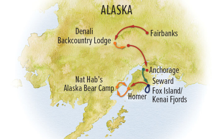 Route map of June Ultimate Alaska Wildlife Safari Itinerary, from Fairbanks to Homer, Alaska, via Denali Backcountry Lodge, Anchorage, Seward, Kenai Fjords & Bear Camp Alaska.