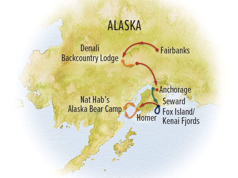Route map of June Ultimate Alaska Wildlife Safari Itinerary, from Fairbanks to Homer, Alaska, via Denali Backcountry Lodge, Anchorage, Seward, Kenai Fjords & Bear Camp Alaska.