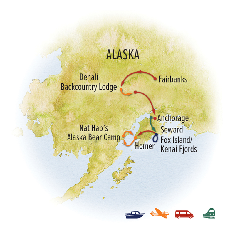 Route map of June Ultimate Alaska Wildlife Safari Itinerary, from Fairbanks to Homer, Alaska, via Denali Backcountry Lodge, Anchorage, Seward, Kenai Fjords & Bear Camp Alaska.