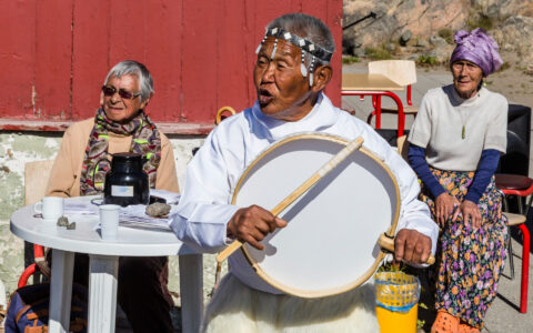 Inuit dancer performing in Sisimiut, Holsteinsborg, western Greenland during South Greenland Exploration Cruise.