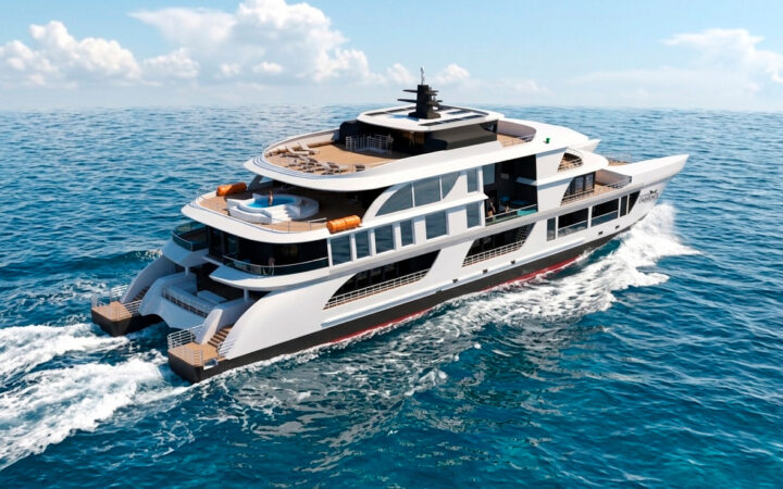 Aerial rendering view of new Galapagos catamaran Eminence with a trail of white water behind it
