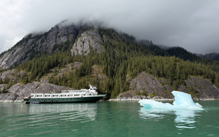 A small white Alaska ship with green hull cruises along forested granite mountainside and among icebergs in Alaska's inside passage