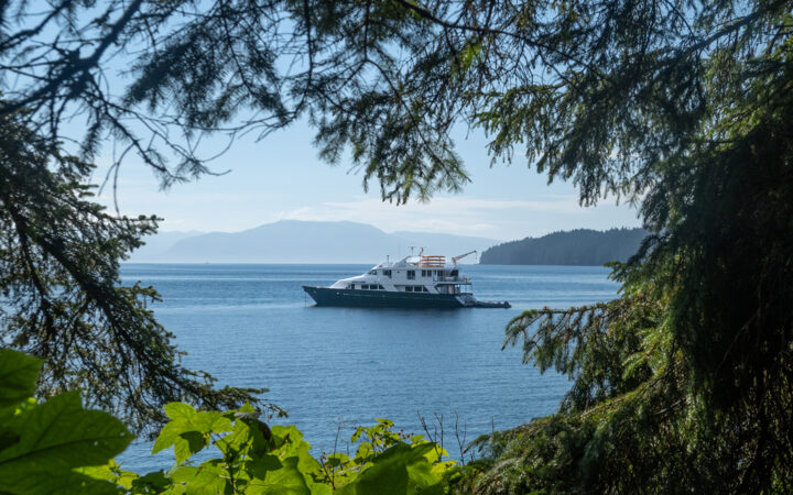 White small Alaska ship with green hull anchored off shore in Alaska surrounded by mountain range