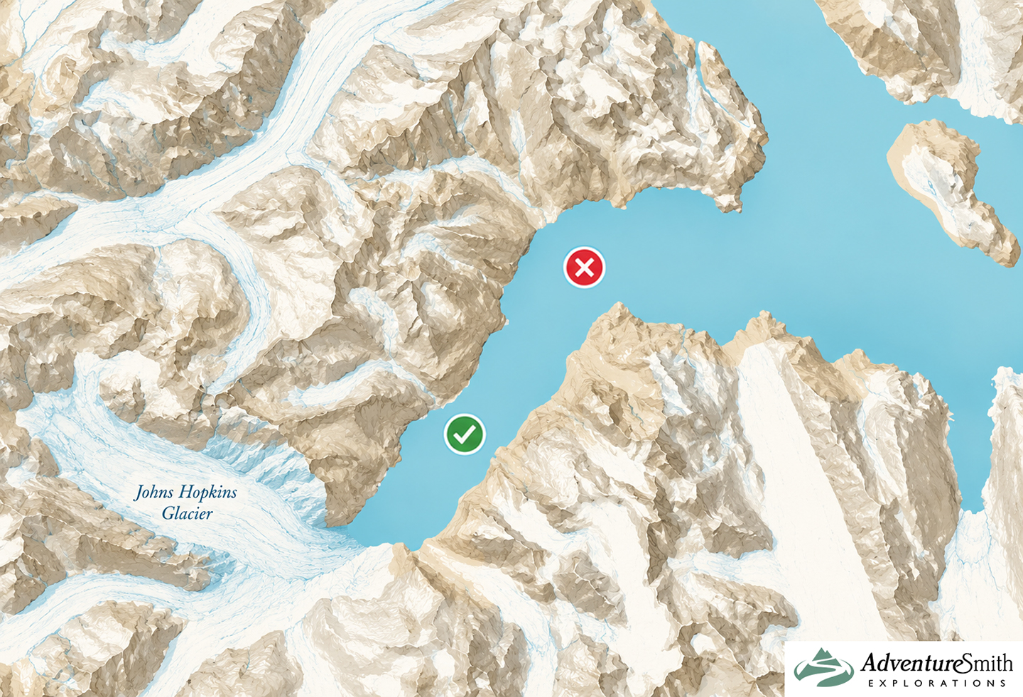 Map of Glacier Bay National Park's John Hopkins Glacier and inlet depicting how close small ships may approach the glacier and how far back large cruise ships must stop and turn around. 