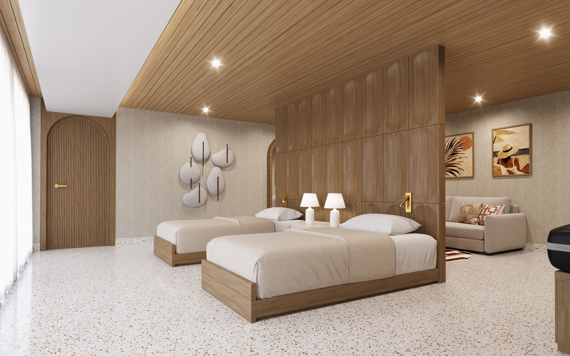 Panorama Suite aboard Eminence showing two beds and wood paneled with tan bedding and wood paneled ceiling