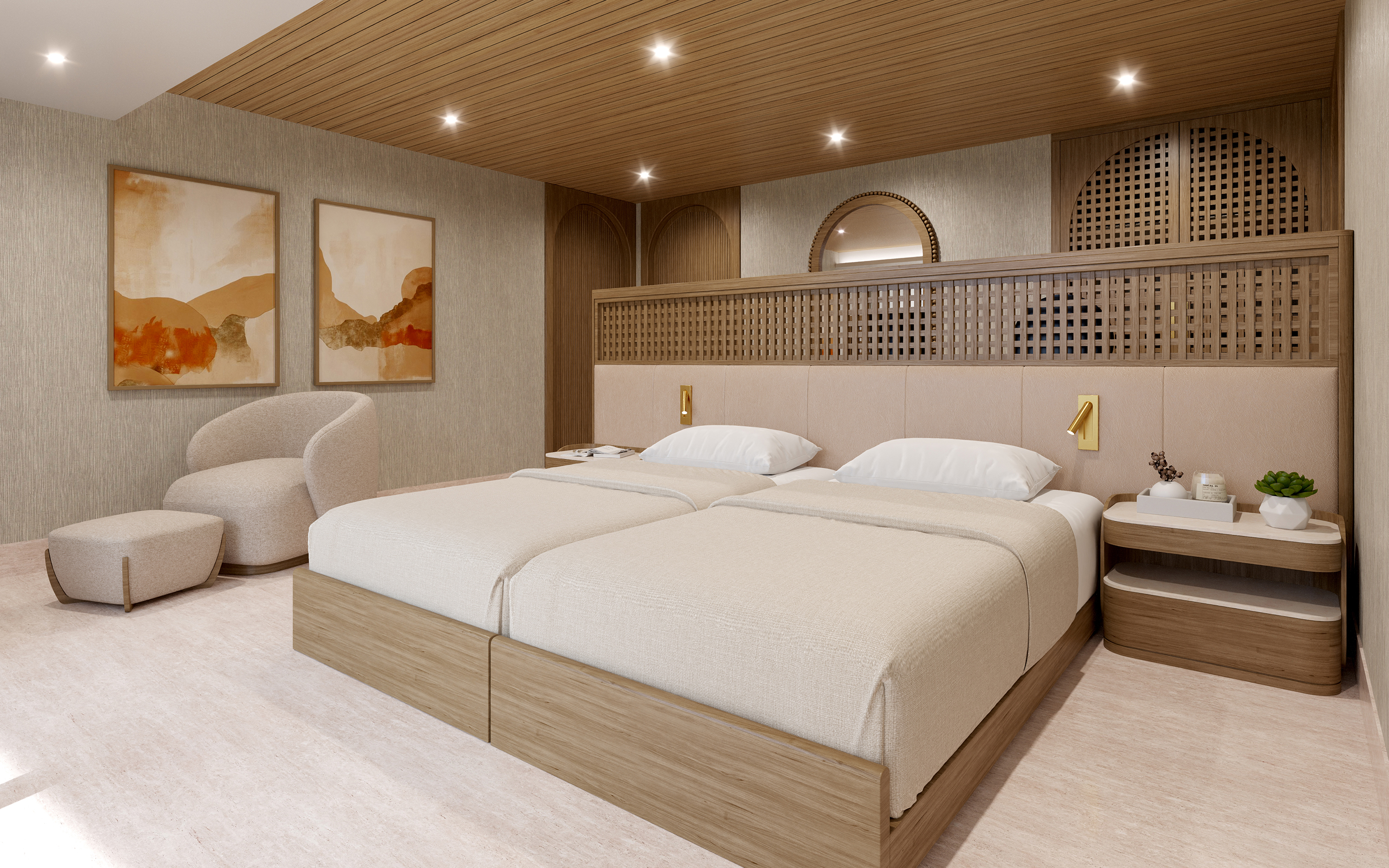 Golden Suite aboard Eminence showing two beds a chair and pictures on the wall with tan bedding and wood paneled ceiling