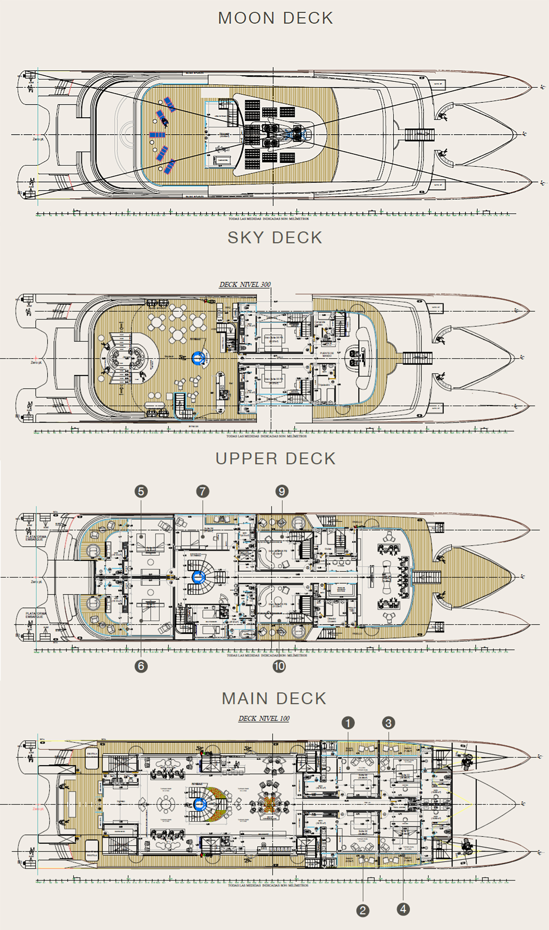 Deck plan of Galapagos catamaran Eminence showing four decks: Main, Upper, Sky and Moon.