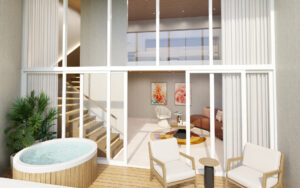Exterior rendering view of Eminence's Loft Suite with two-story windows and stairs inside with two chairs and a Jacuzzi on the private balcony.