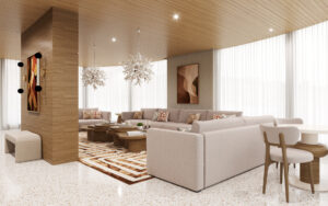 Common area lounge with tan colors and white coral like chandeliers aboard Galapagos Eminence catamaran