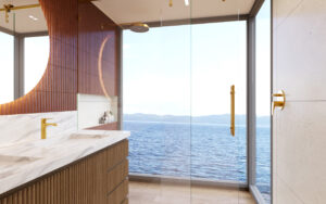 Bathroom rendering of an Eminence catamaran Loft Suite bathroom featuring white marble countertops, slatted wood walls and vanity and floor to ceiling window in the shower