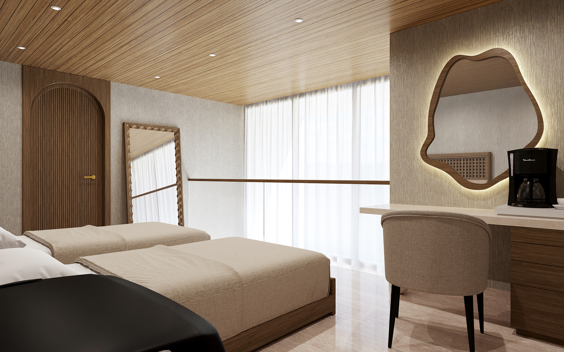 Two beds and a lit mirror seen in a loft suite aboard Eminence with clear railing