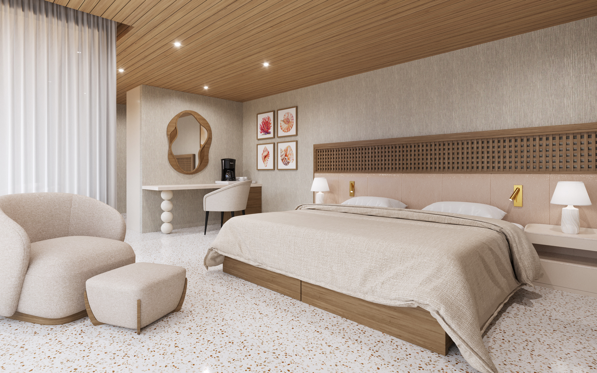 Single suite aboard Eminence Galapagos catamaran with double bed in beige linens, clean wood & white stone appointments.