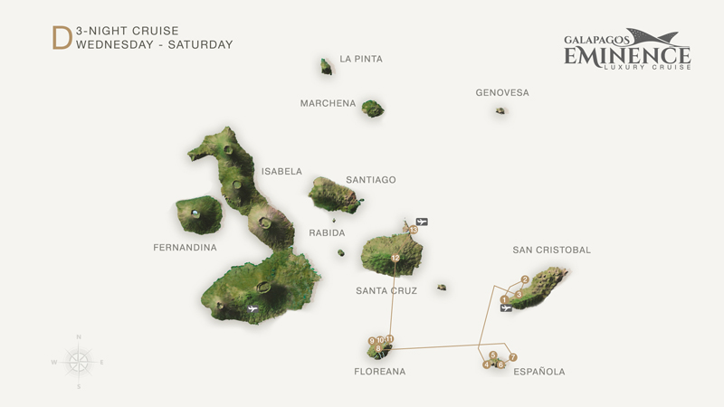 Route map of Eminence 4-day South Galapagos cruise, from San Cristobal to Baltra with visits to Espanola, Floreana & Santa Cruz.