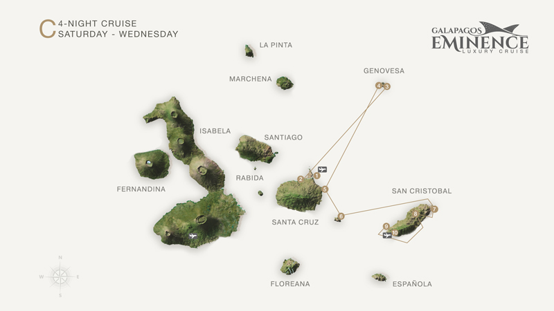 Route map of Eminence 5-day North Galapagos cruise, from Baltra to San Cristobal with visits to Santa Cruz, Genovesa, South Plaza & Santa Fe.