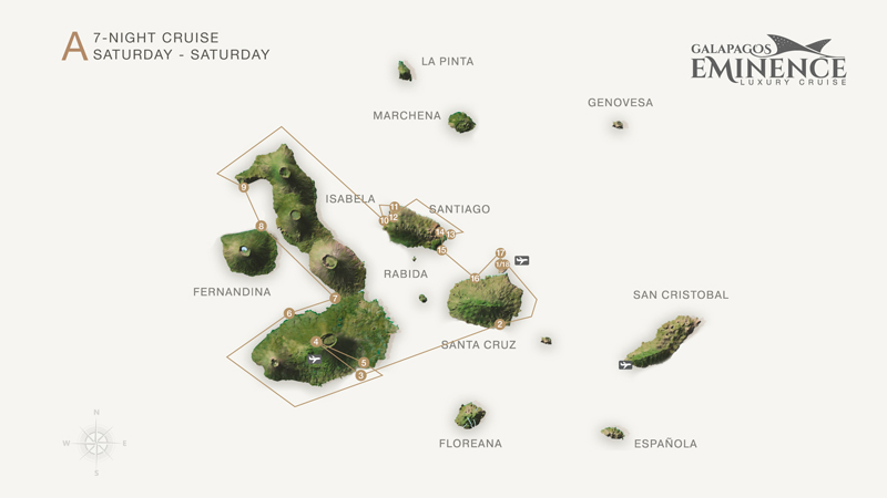 Route map of Eminence 8-day West Galapagos cruise, round-trip from Baltra with visits to Santa Cruz, Isabela, Fernandina, Santiago, Bartolome, Chinese Hat & North Seymour.