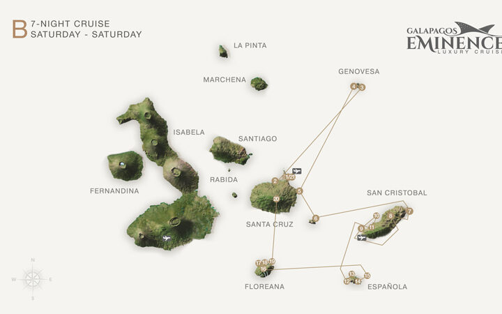 Route map of Eminence 8-day East Galapagos cruise, round-trip from Baltra with visits to Santa Cruz, Genovesa, South Plaza, Santa Fe, San Cristobal, Espanola & Floreana.