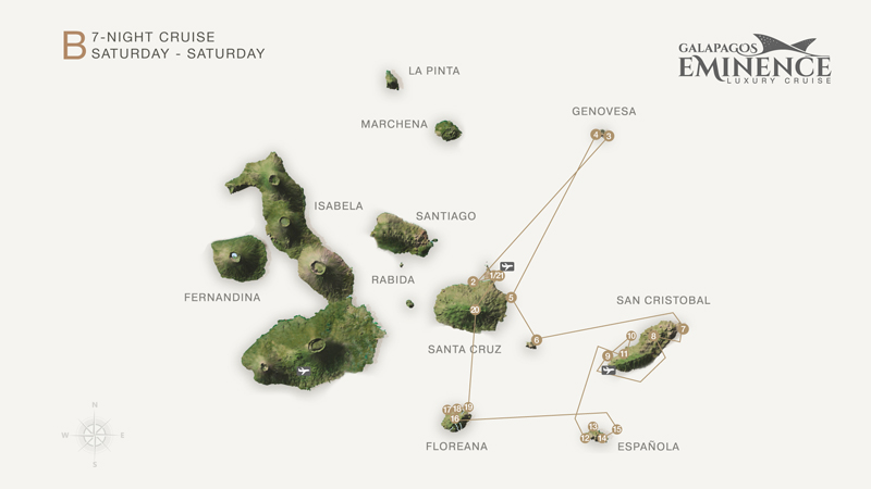 Route map of Eminence 8-day East Galapagos cruise, round-trip from Baltra with visits to Santa Cruz, Genovesa, South Plaza, Santa Fe, San Cristobal, Espanola & Floreana.
